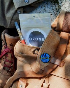 ozone packaging and vape in tan backpack
